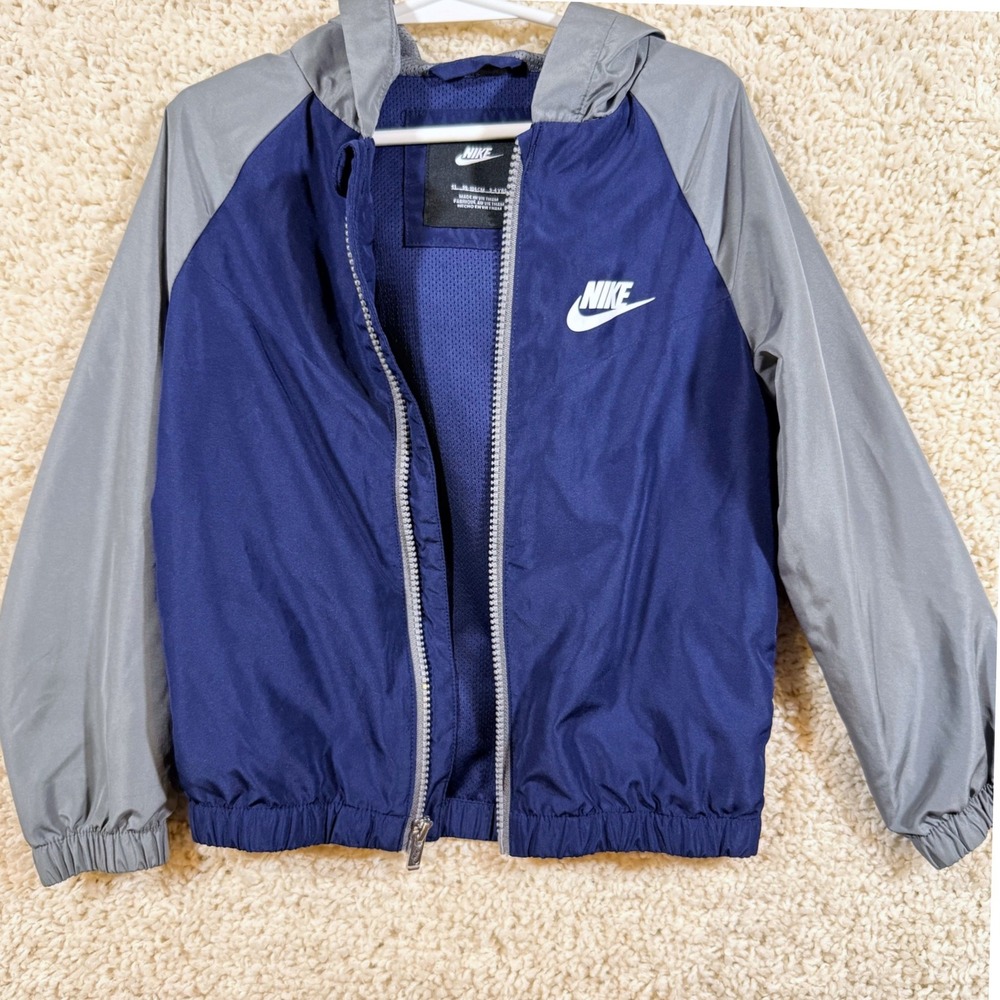 Nike Dri-FIT Windbreaker Jacket 4T Navy Grey Hooded Full Zip Rain